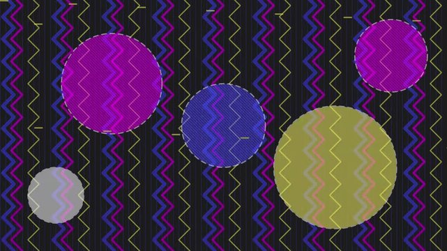 Optical illusion with colorful circles over a dark background featuring vertical zig-zag patterns, creating a mesmerizing visual distortion effect in modern graphic art