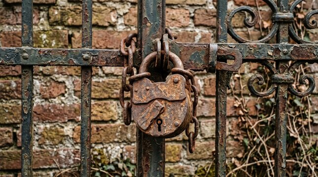 An old rusty metal padlock with heavy chains secures an antique wrought iron gate in front of a weathered brick wall.