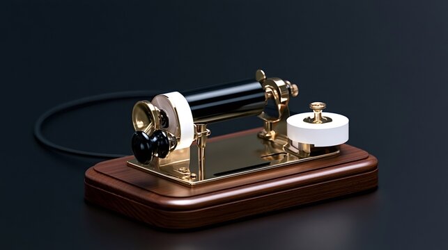 Antique telegraph machine representing historical communication technology, featuring a brass keyer and sounder on a polished wooden base, used for sending morse code signals