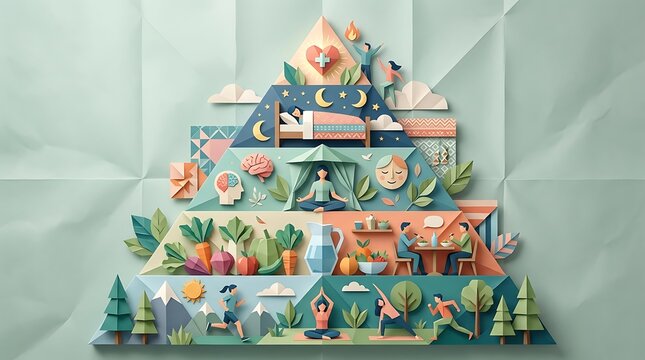 Wellness pyramid showing healthy habits for physical and mental health