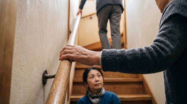 Older adult uses a stair rail with discreet caregiver support