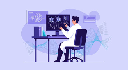Fototapeta premium Doctor analyzing brain scans and medical data on computer screen in modern clinic