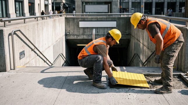 Crew places tactile paving at a sunlit subway entrance