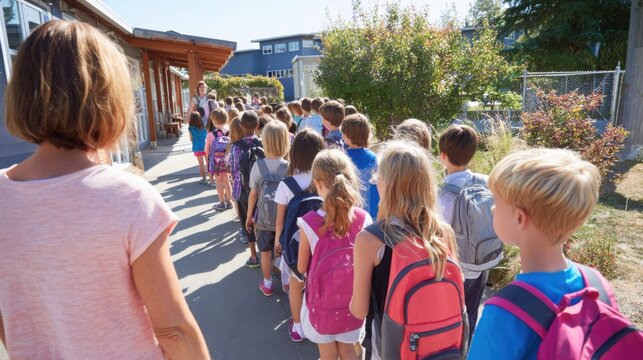 Elementary school teacher guiding a line of calm children toward an outdoor assembly point during an evacuation drill, backpacks, sunny day, school