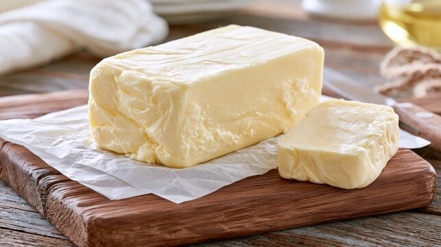 Dairy product bar rests on wooden board with a small piece cut off.