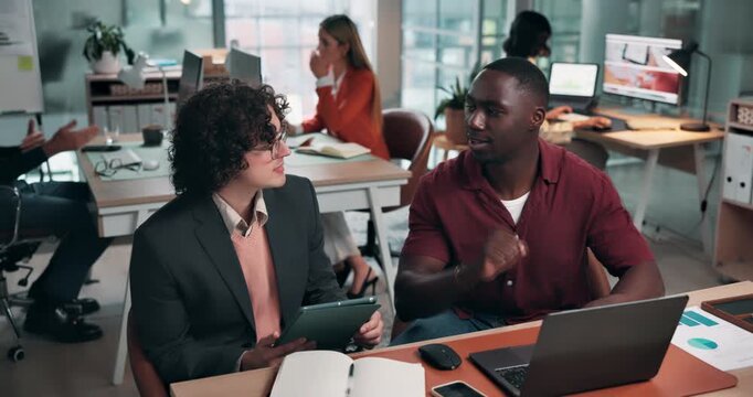 Business people, fist bump and team in training with laptop or intern in creative startup. Coworking, partnership and manager with tech for learning, planning or event coordinator on tablet for notes