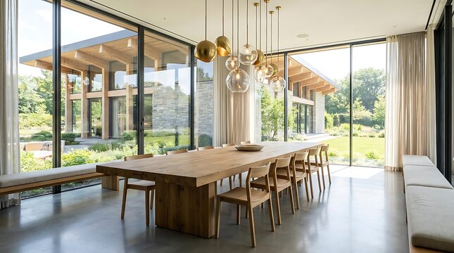 Modern dining room with a long wooden table, minimalist chairs, and large windows revealing a serene garden vista