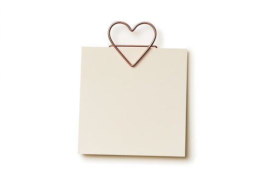 A blank creamcolored square note held by a rose gold heartshaped paperclip, isolated on a white background