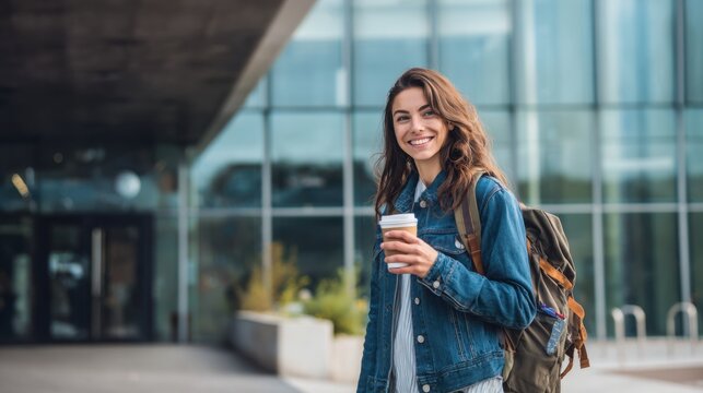 Smiling university student entering a modern campus building with a backpack and coffee cup, looking confidently toward the camera, beginning