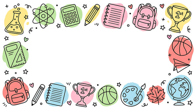 School themed border with hand drawn icons. Education frame with supplies and stationery.