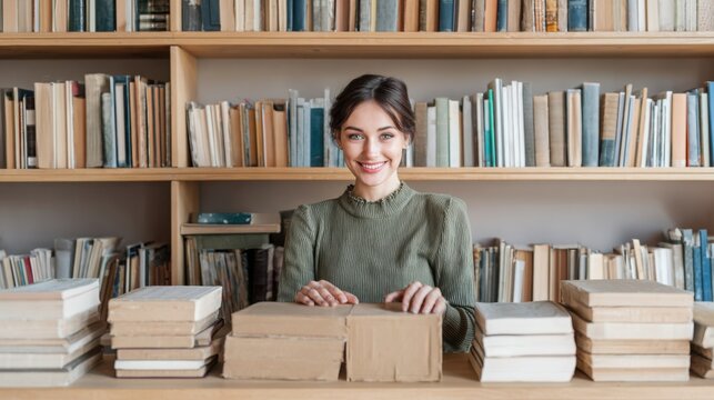 Young librarian arranging freshly returned books on wooden shelves while smiling toward the camera, quiet modern library, back to work concept