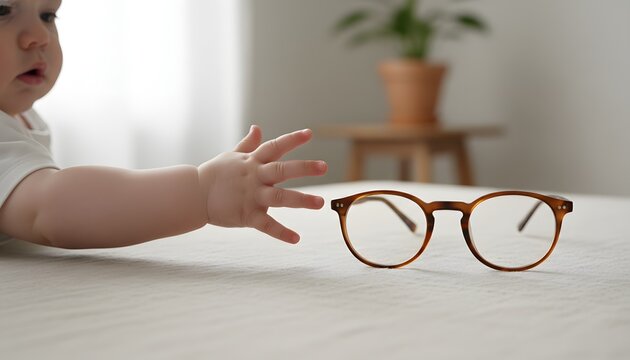 Close up of a cute baby hand reaching for glasses on a surface at home, exploring early childhood curiosity, optometry care, and growth concept in soft daylight