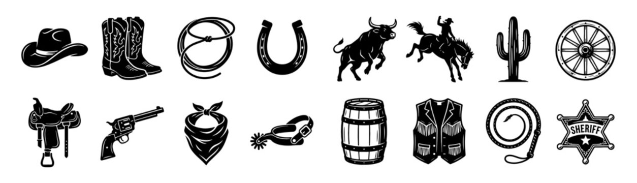 Wild West cowboy rodeo and western lifestyle icon set