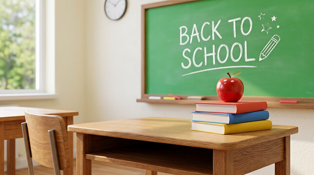 Back to school classroom setup with chalkboard and supplies. Education desk scene featuring apple, books, and wooden table for teachers and students.