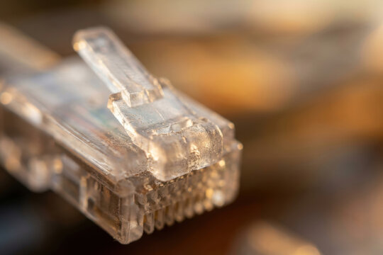 Close up of an RJ45 ethernet network cable connector