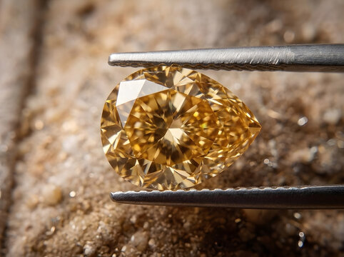 Fancy Intense Yellow Pear Cut Diamond Held in Metal Tweezers | Close Up Macro of Fancy Yellow Tear Drop Diamond Facets | Rare Yellow Pear Shaped Gemstone with High Brilliance 