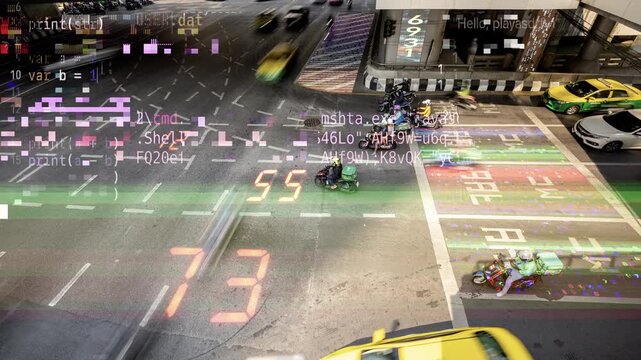traffic in central bangkok with code and data overlayed in the buildings 