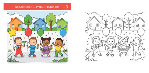 Fototapeta premium Toddlers Neighborhood Parade Illustration and Coloring Page Set with Happy Diverse Children Holding Balloons and Banner Vector Art