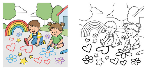 Cute kids drawing with sidewalk chalk, vector illustration and black and white line art coloring page for children activity book