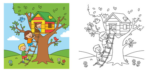 Kids playing in a treehouse vector illustration with coloring page line art for children activity book