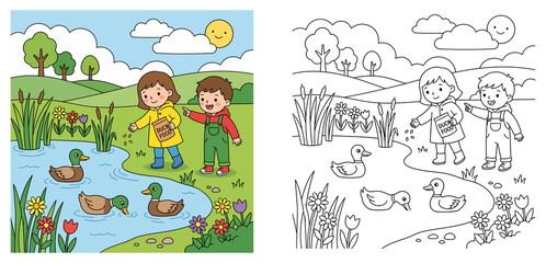 Fototapeta premium Children Feeding Ducks in Pond Vector Illustration and Line Art Coloring Page Outline for Kids Activity Book