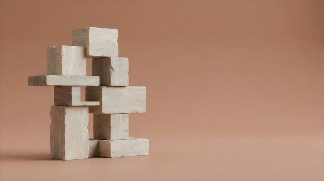 Stack of beige stone blocks on a solid light brown background