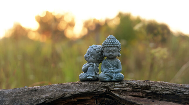 beautiful miniature asian style girl and boy figurines and flowers close up outdoor, abstract natural background. cute little Buddhist monk figurines in garden. meditation, yoga concept. soft focus