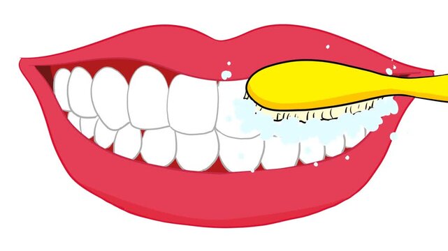 Animated cartoon of teeth brushing with yellow toothbrush and foam