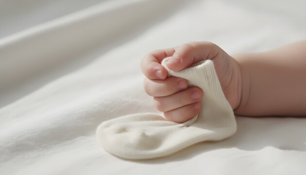 Close up of tiny baby holding sock in one hand while lying on soft white sheet for gentle newborn care and innocent childhood concept with warm natural lighting