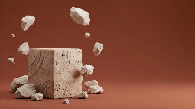 3d render of a textured stone cube floating with levitating rocks on a terracotta background
