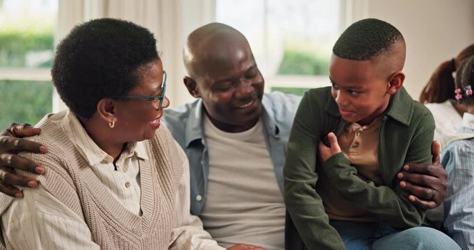Happy, grandmother and father in home with child, relax and love for bonding together on weekend. Black people, grandparent and dad in living room with son, connection and smile for family wellness.