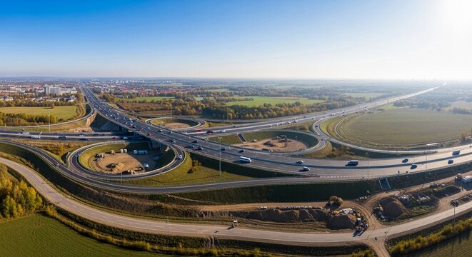 Expansive highway interchange facilitating heavy traffic flow across a vast landscape under a clear blue sky.