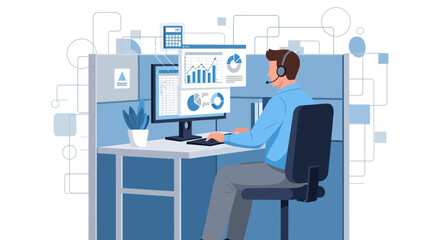 Fototapeta premium Customer Service Representative Working in Call Center with Financial Data Analysis