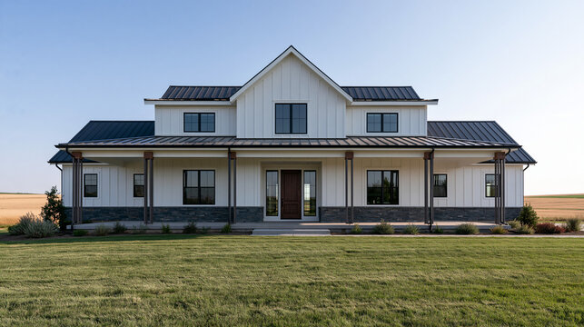 Modern White Farmhouse Style House Exterior with Green Lawn