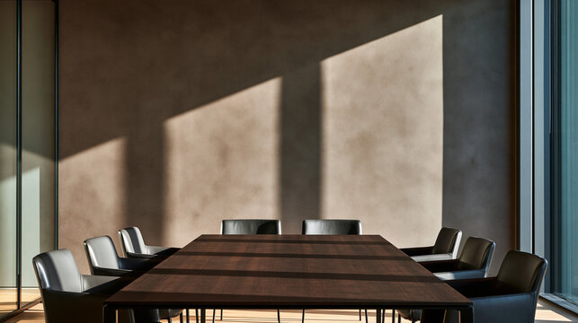 Modern Empty Boardroom Table in Sunlit Corporate Office