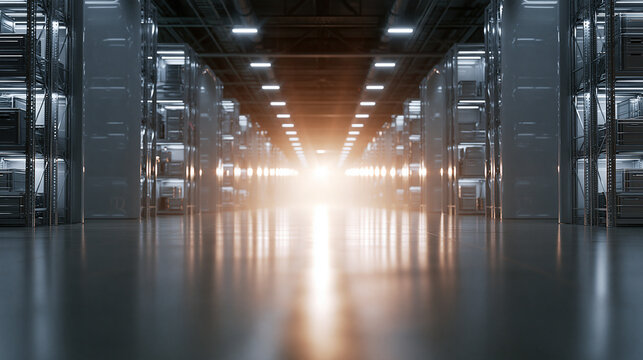 Modern Data Center Server Room Corridor with Bright Light