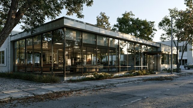 A detailed photorealistic view of a small modern office building with glass and concrete exterior under clear midday light in an urban environment.