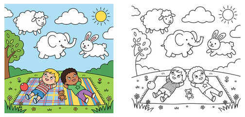 Children Lying on Grass Looking at Cloud Animals Vector Illustration and Coloring Book Page