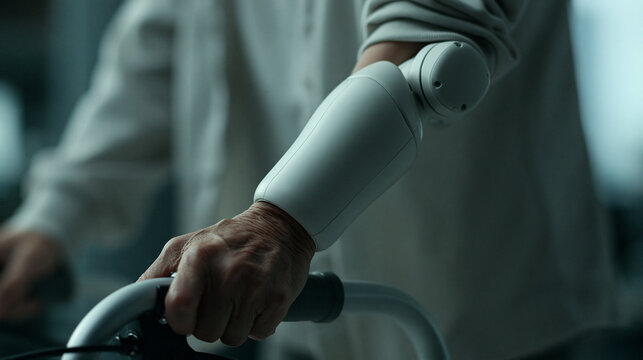 Senior Person Using Bionic Prosthetic Arm on Walker