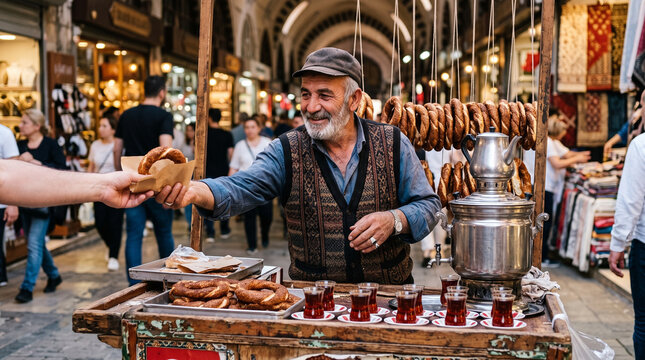 Friendly Turkish Street Vendor Selling Simit in Market