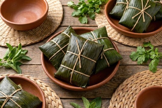 Traditional Ivory Coast Koki Steamed Bean Cakes Wrapped in Banana Leaves on a Rustic Table