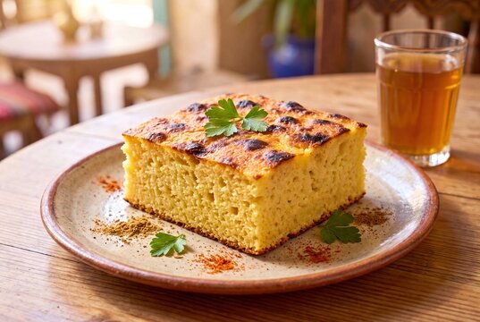 Slice of Algerian Karantika Green Bean Flour Cake with Spices and Tea on Wooden Table