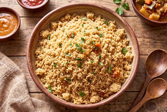Traditional Malian Millet Couscous de Mil Served in a Rustic Clay Bowl with Stew