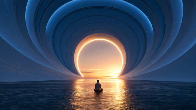 Person Meditating in Front of Glowing Portal at Sunset