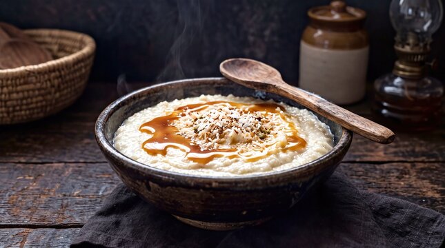 Steaming Bowl of Somali Soor Porridge with Sweet Syrup and Coconut on Rustic Wooden Table