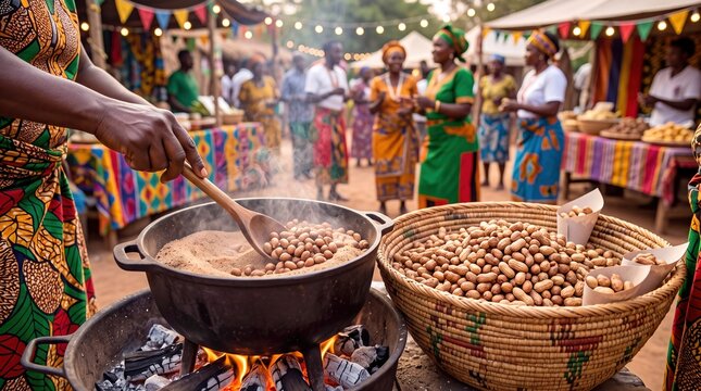 Traditional Zambia Bambara Groundnuts Roasted in Hot Sand at a Vibrant Festive Outdoor Market