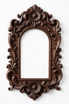 Vintage Carved Wooden Frame with Floral Ornament Isolated on White Background,