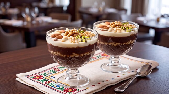 Traditional Tunisian Assida Zgougou Sweet Pine Nut Pudding Served in Glass Cups on a Restaurant Table