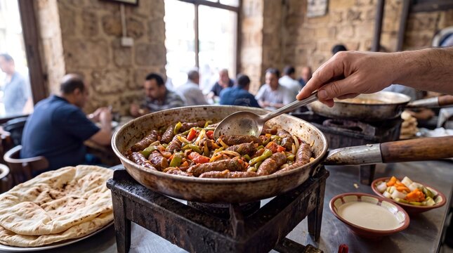 Traditional Egyptian Alexandria Spicy Beef Sausage Sogoq Cooking in a Pan at a Local Restaurant