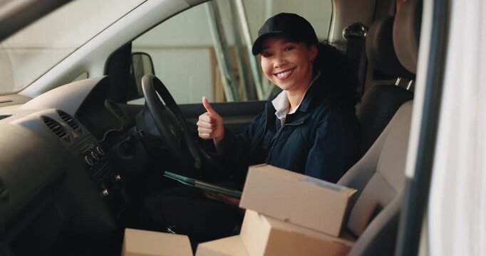 Tablet, boxes and face of woman in van with thumbs up, logistics or distribution for b2c freight. Package, portrait and courier with digital tech for supply chain and approval for order in vehicle